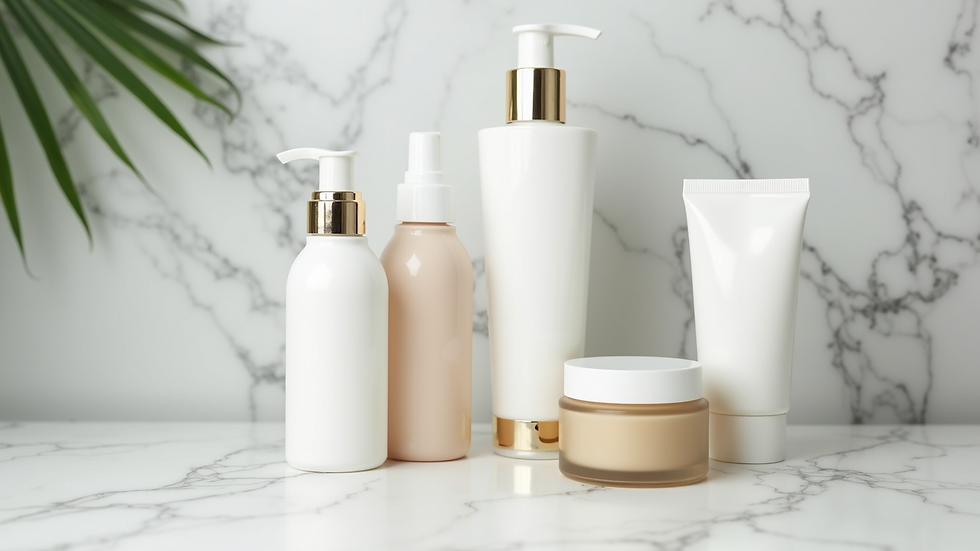 Close-up view of skincare products arranged on a white marble surface