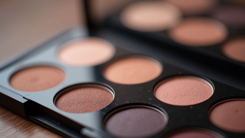 Eye-level view of a makeup palette with various shades of eyeshadow