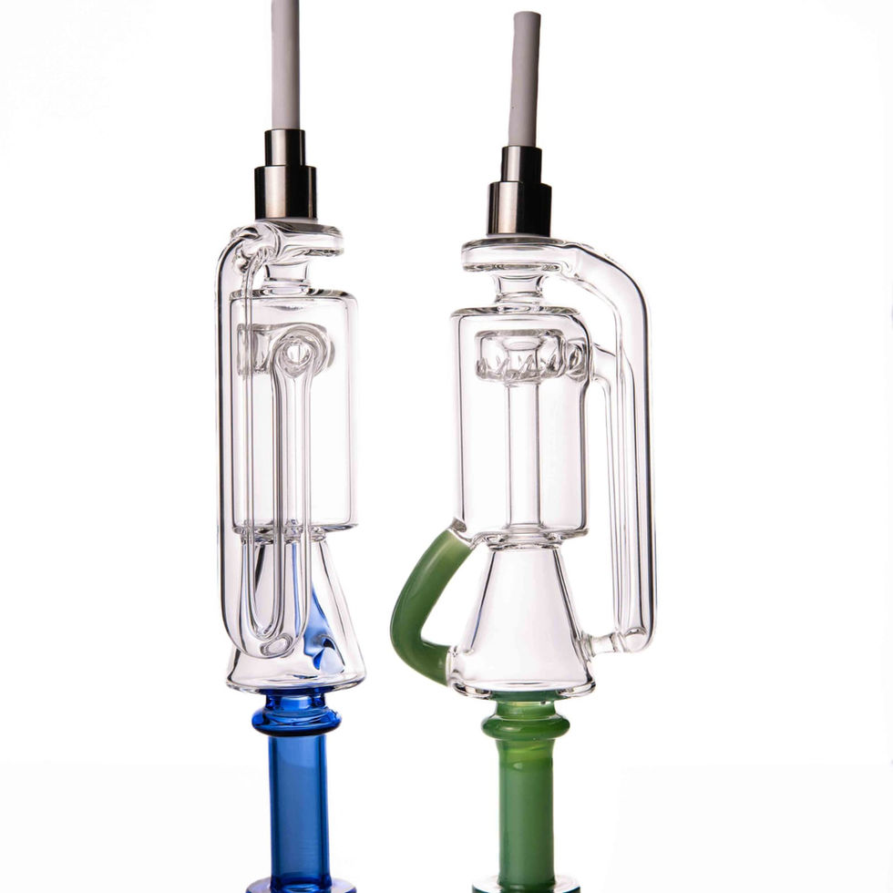 a blue and green glass pipe with a straw