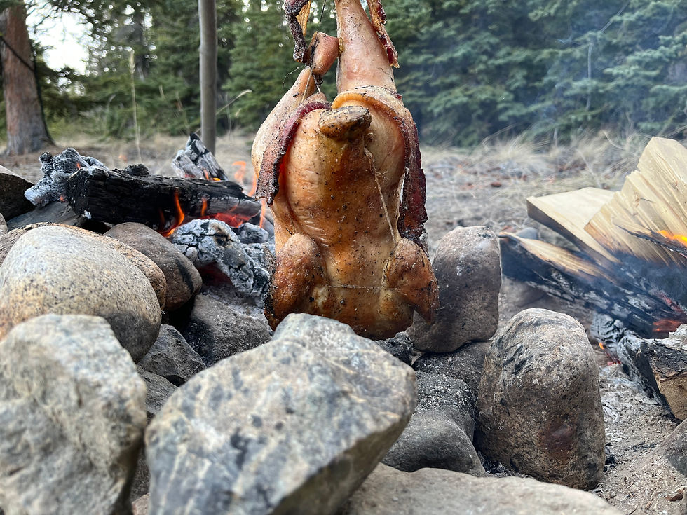 An entire chicken hangs from a string, roasting slowly by a campfire. 