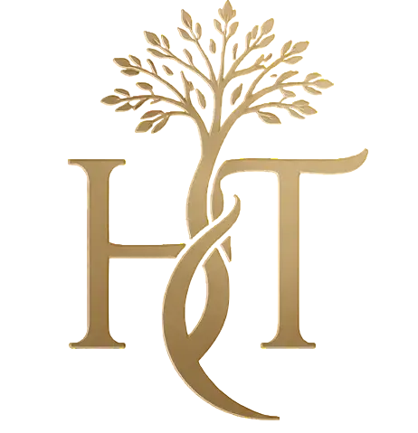 Logo HT entrelacé avec un arbre, symbole d'hypnose.