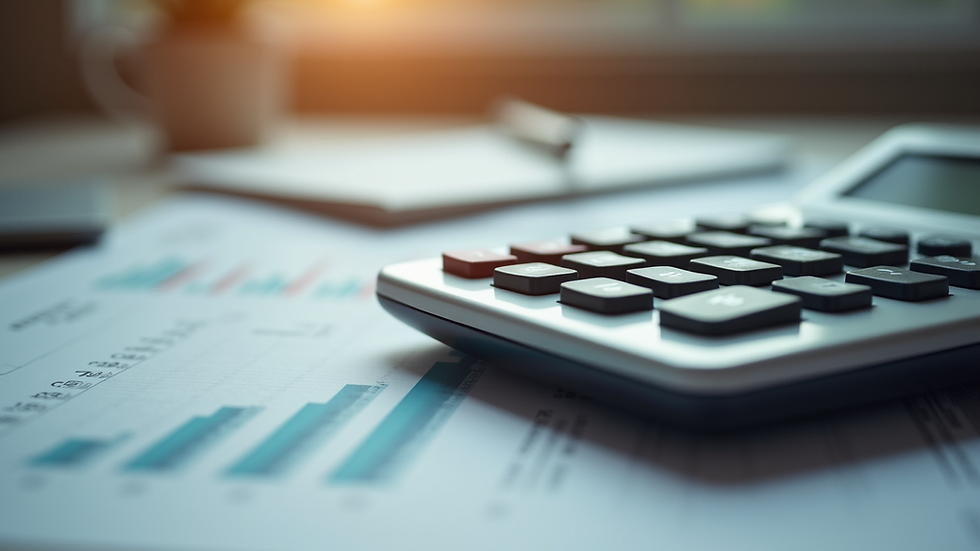 Eye-level view of a calculator and financial documents on a desk