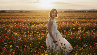 Young woman smiling in a colorful wildflower field at sunset.