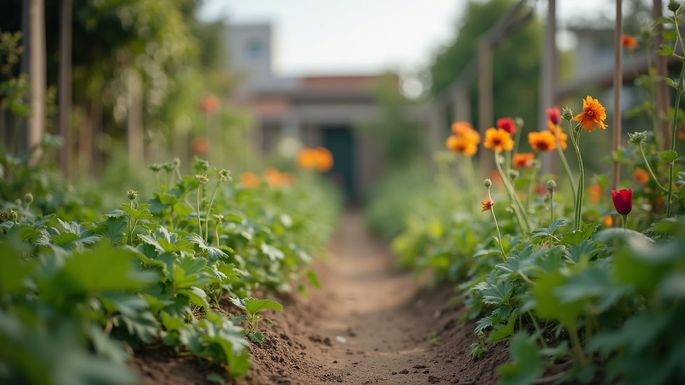 Eye-level view of a community garden with diverse plants