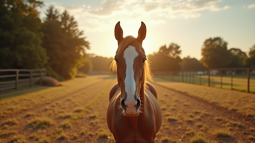 Eye-level view of a horse standing calmly in a sunlit paddock