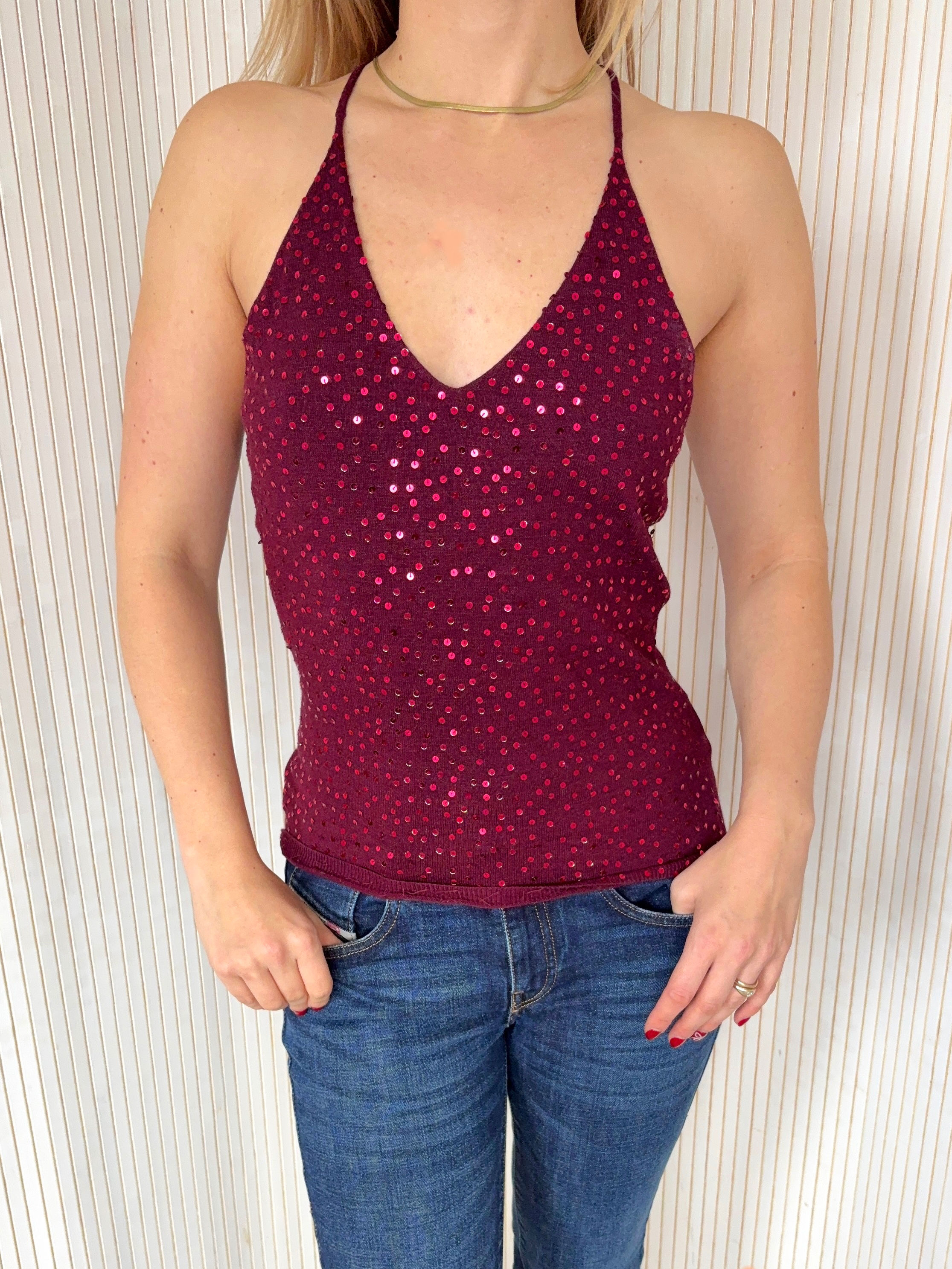 Vintage Burgundy Sequin Halterneck Top