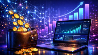 Digital coins flow from a leather wallet to a laptop displaying DeFi charts. Background features graphs and lights, creating a tech vibe.