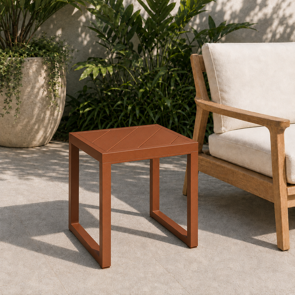 Side Table – aluminium cross-frame side table in Copper Furnished aluminium finish | CPS Living, Brisbane
