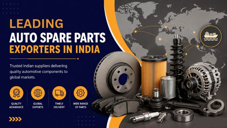 Auto spare parts export banner for Indian automotive components and global delivery.