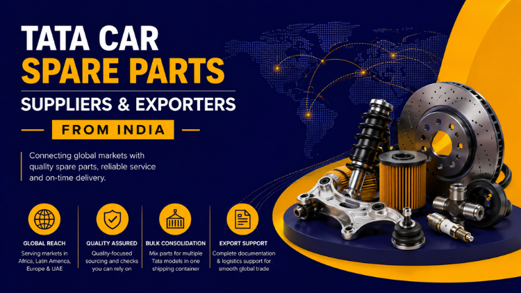 Promotional banner for Tata car spare parts suppliers and exporters from India.