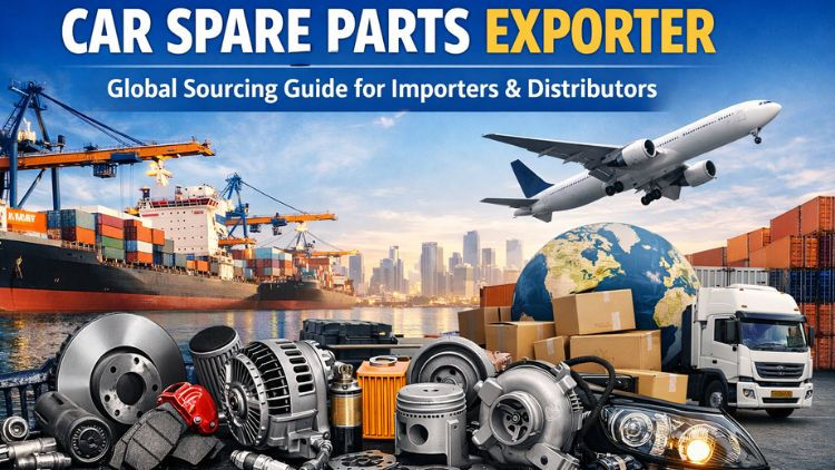 Cargo ship, airplane, and truck transporting automotive spare parts worldwide, illustrating global export and logistics of car spare parts for importers and distributors.