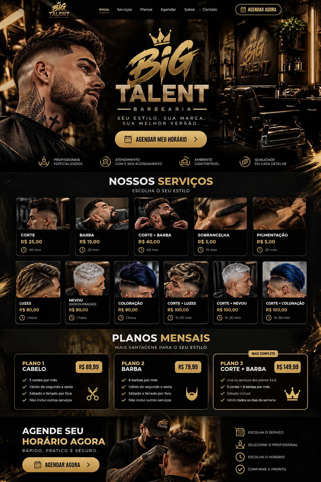 Conceito visual da barbearia Big Talent em preto e dourado