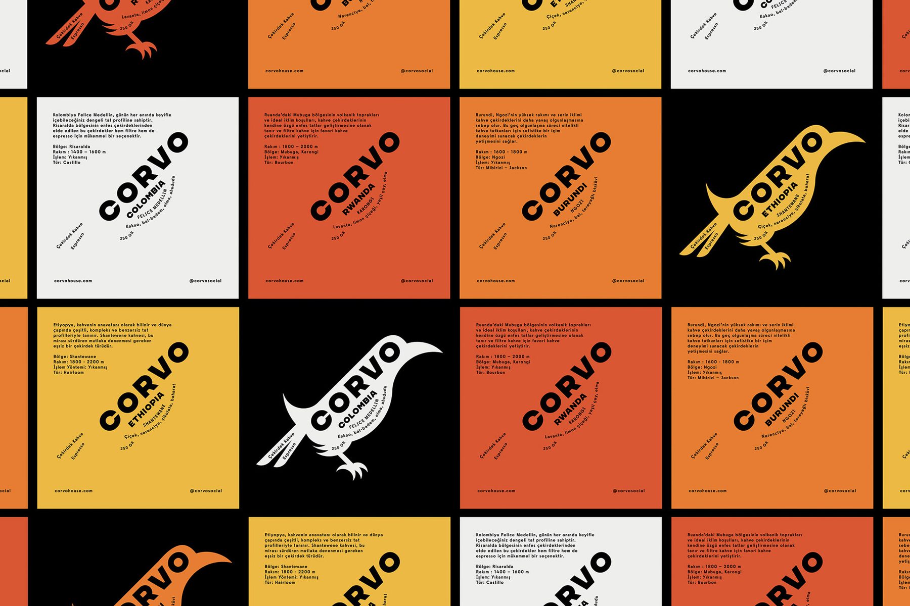 Corvo çekirdek etiketleri — Colombia, Rwanda, Burundi, Ethiopia