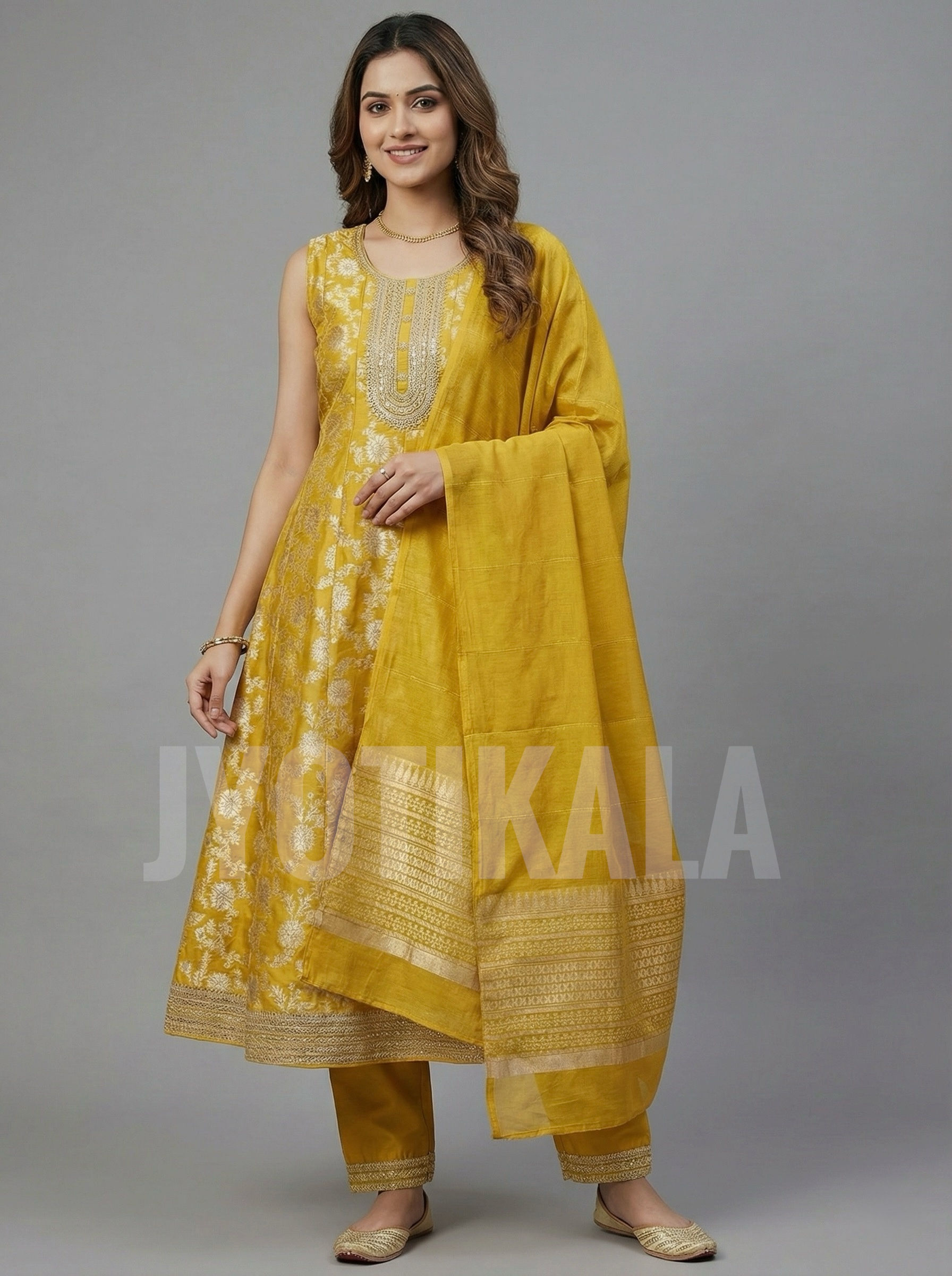 Chanderi Jaquard Neck Embroidery Work Long Kali