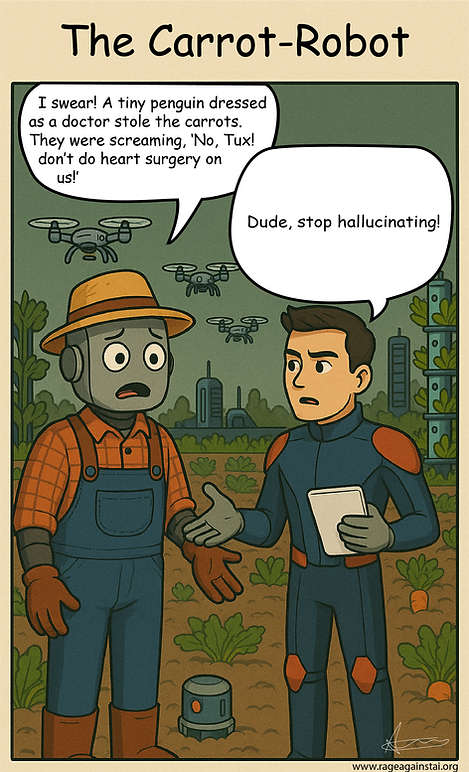 A comic titled The Carrot-Robot shows a worried robot farmer telling a human engineer that a tiny doctor-penguin stole the carrots. The engineer replies, “Dude, stop hallucinating!”