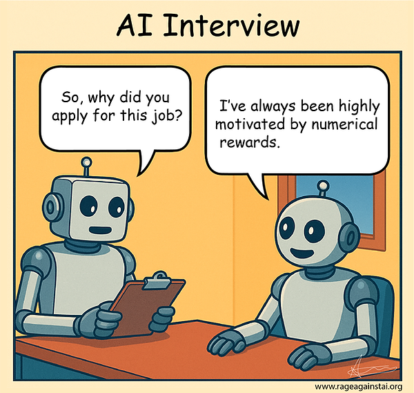 A comic titled "AI Interview" depicts two robots sitting at a desk. The interviewer robot asks, “So, why did you apply for this job?” The candidate robot smiles and replies, “I’ve always been highly motivated by numerical rewards.”