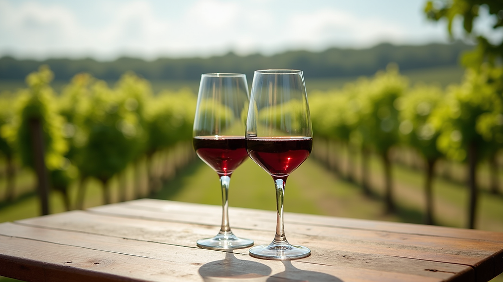 High angle view of wine glasses on a wooden table with vineyard in the background
