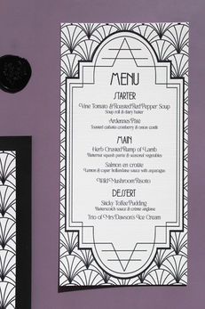 Black art deco wedding menu, on the day wedding stationery
