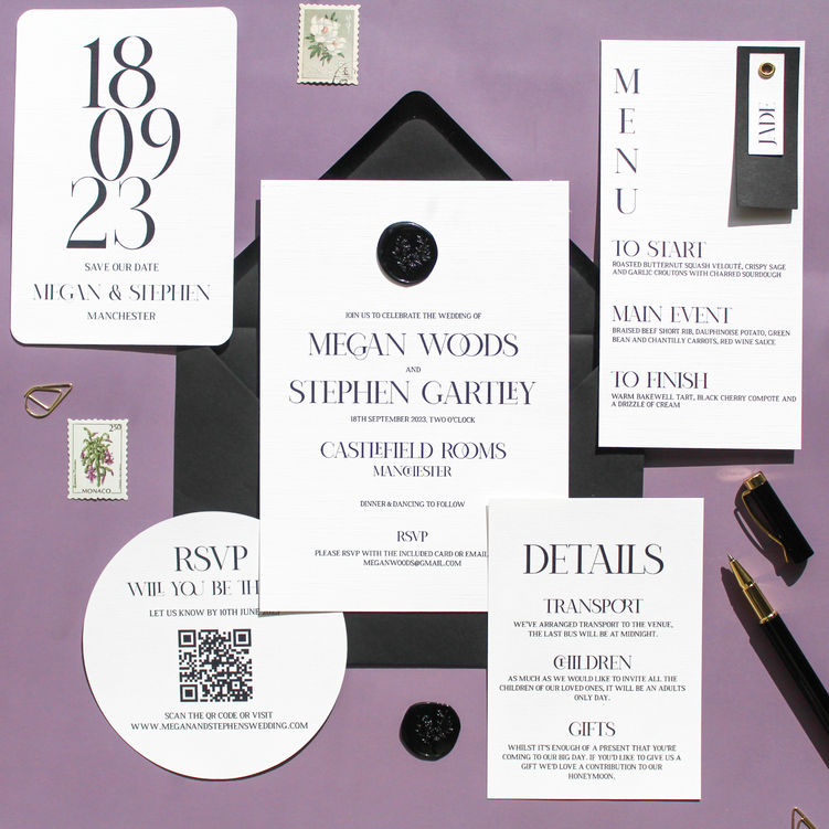 Simple and elegant,black and white wedding invitation collection. Set includes wedding day invitation, info card, wedding menu, save the date and rsvp with QR code