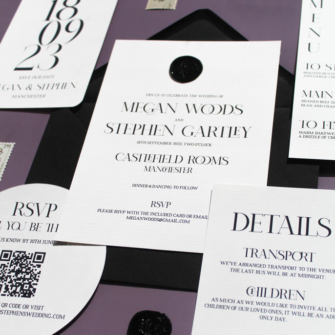 Simple and elegant,black and white wedding invitation collection. Set includes wedding day invitation, info card, wedding menu, save the date and rsvp with QR code