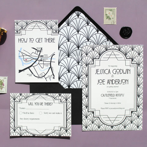 Black art deco wedding invitation set including map info card, rsvp, envelope liner and wax seal