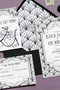 Black art deco wedding invitation set including map info card, rsvp, envelope liner and wax seal