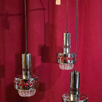 Lustre cascade 3 feux Space Age en chrome et cabochons rouges (Années 70)