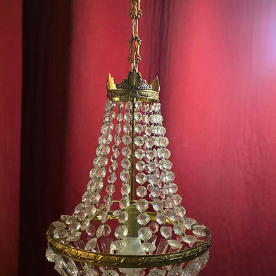 Lustre montgolfière à pampilles en laiton et verre facetté (Années 50)