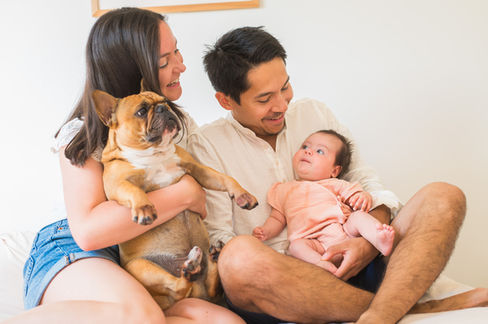 Séance photo famille à Nantes : parents entourant tendrement leur bébé sur le lit, accompagnés de leur chien.