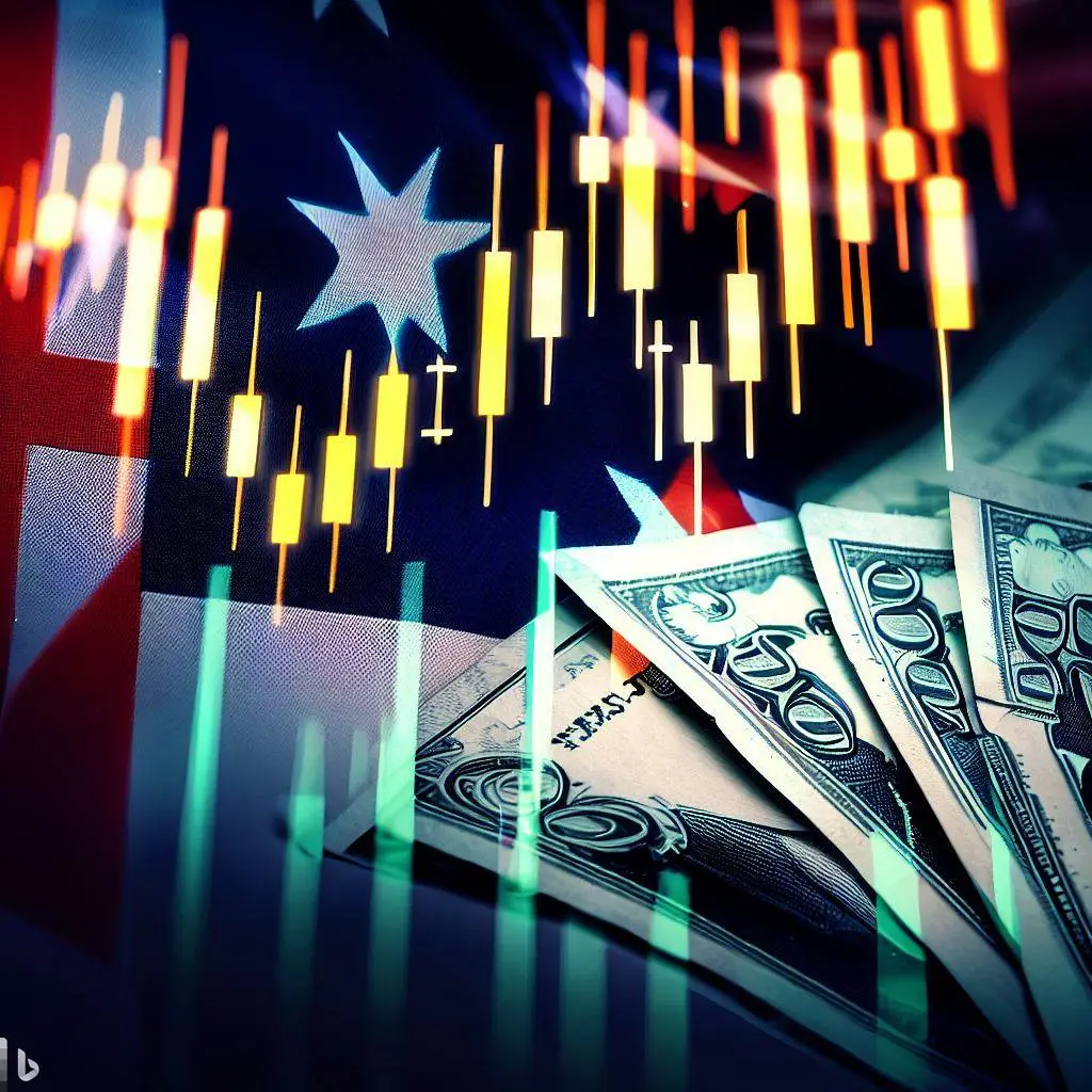 American and Australian Dollars with candle market charts and flags
