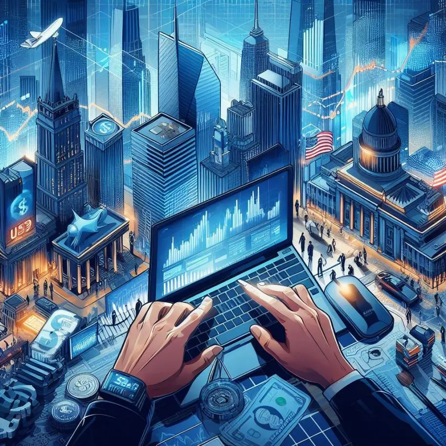 forex market, laptop , towers , usa city and flag, smartwatch. coins and money