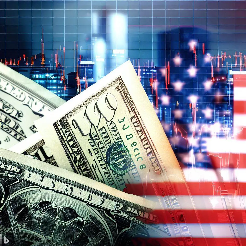 US and Canadian dollars against the backdrop of stock market charts and oil refiners