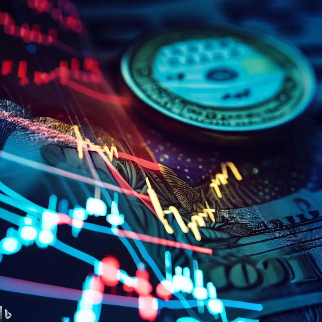 Euro and Dollar on market charts with green and red
