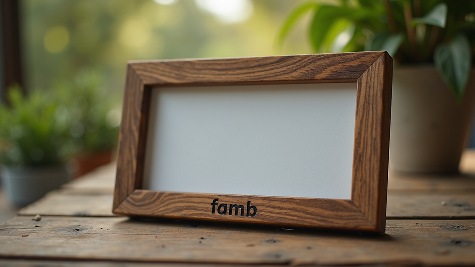Eye-level view of a wooden personalized photo frame on a rustic table