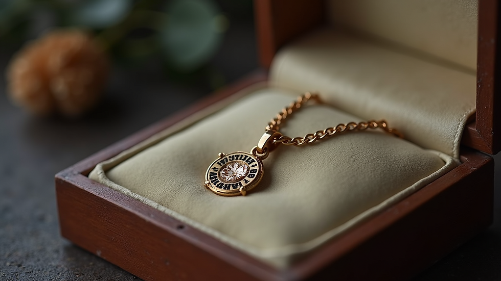 Close-up view of a hand-stamped necklace in a jewelry box