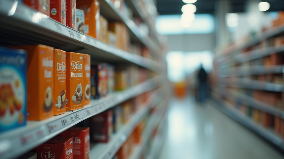 High angle view of a store shelf with promotional signs