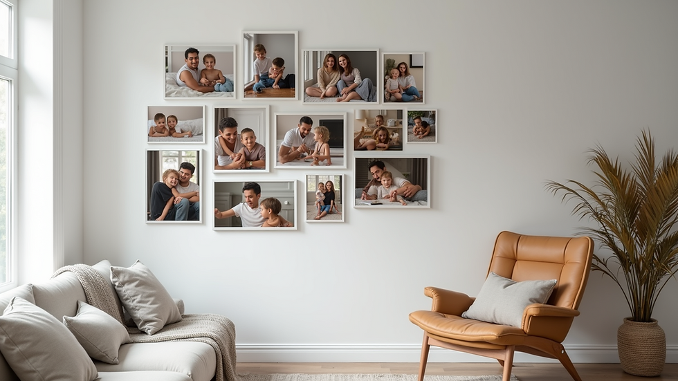 Eye-level view of a beautifully arranged photo collage on a wall