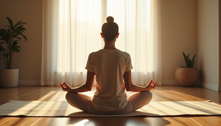 Eye-level view of a calm person practicing deep breathing in a quiet room