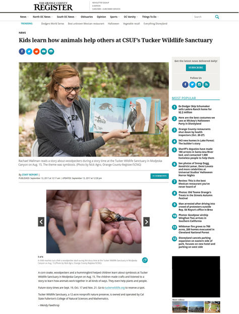 Tucker Wildlife Sanctuary Story Time - OC Register News Article
