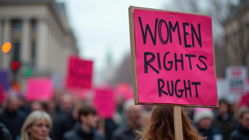 Close-up view of a vibrant protest sign advocating for women's rights