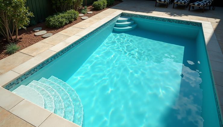 High angle view of a fiberglass swimming pool with clear blue water and surrounding patio