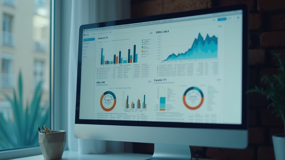 Eye-level view of a computer screen showing admin dashboard with charts and graphs