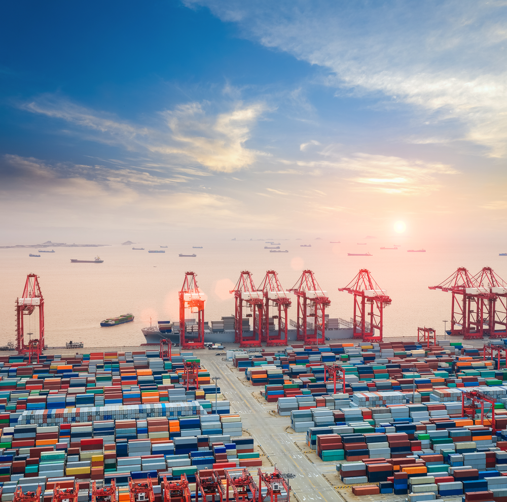 Container port with red cranes, fields of multi-coloured containers, and containers ships out at sea, going to the horizon