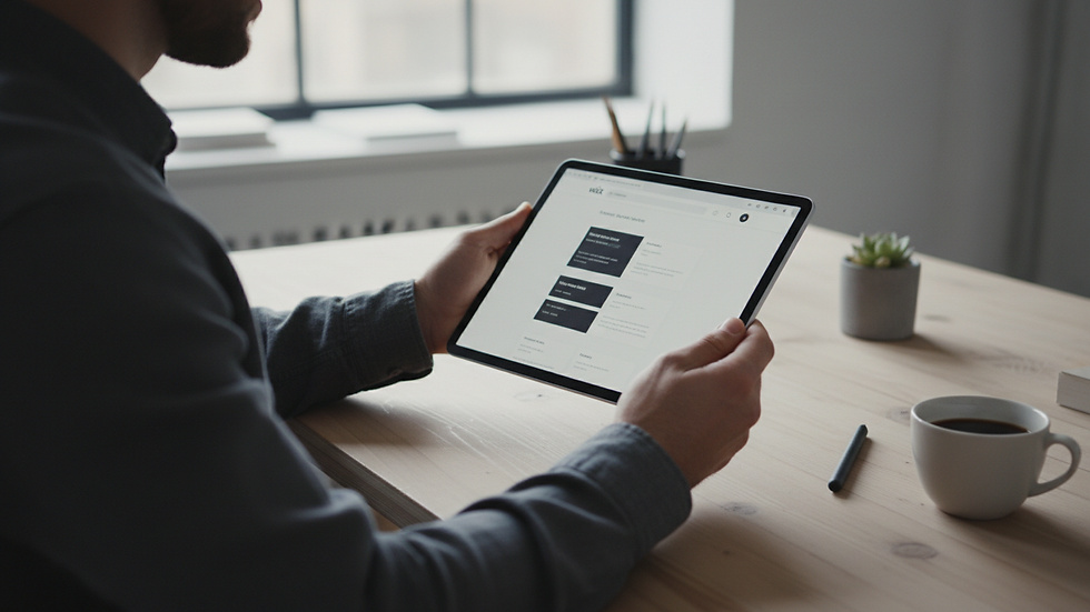 Close-up view of a professional reviewing a Wix developer portfolio on a tablet