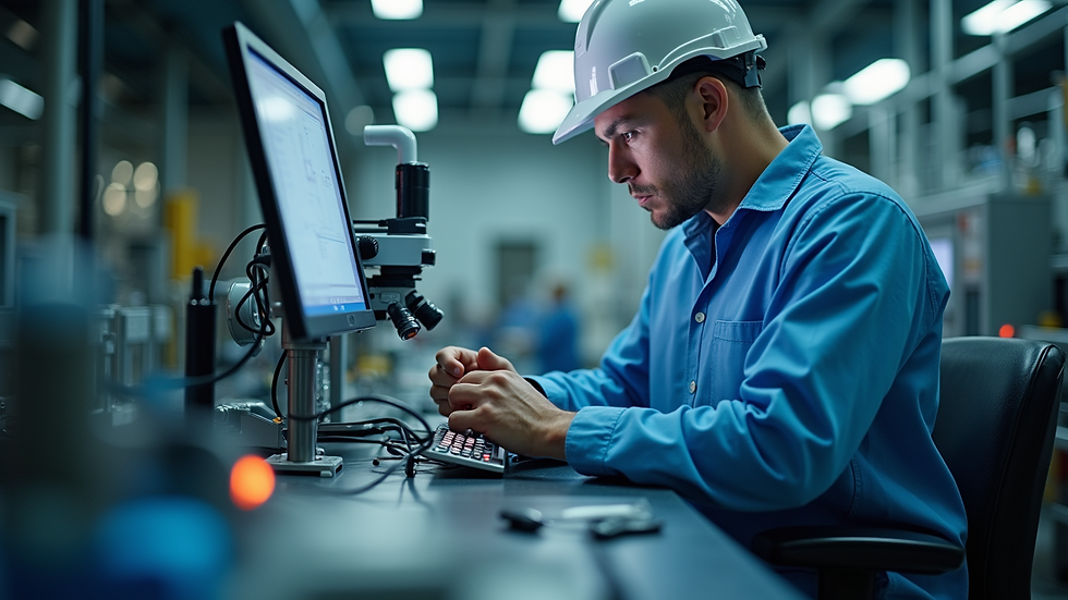 Eye-level view of technician performing oil analysis in industrial plant