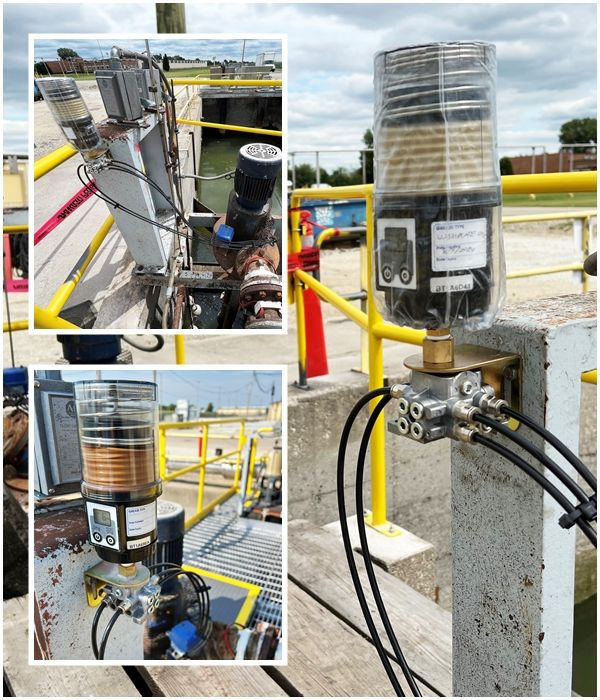 Shown: remote mounted Pulsarlube automatic grease lubricator with 4-point divider block