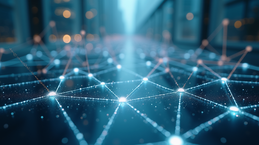 Eye-level view of an abstract digital landscape with interconnected nodes.