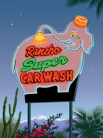 Rancho Super Car Wash Pink Elephant Neon Sign
