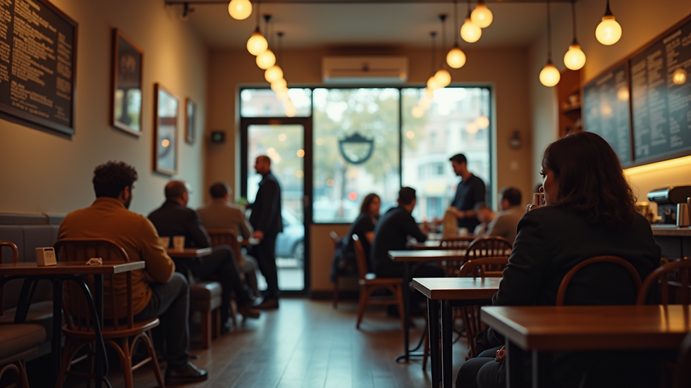Eye-level view of a cozy coffee shop interior with people engaged in conversation
