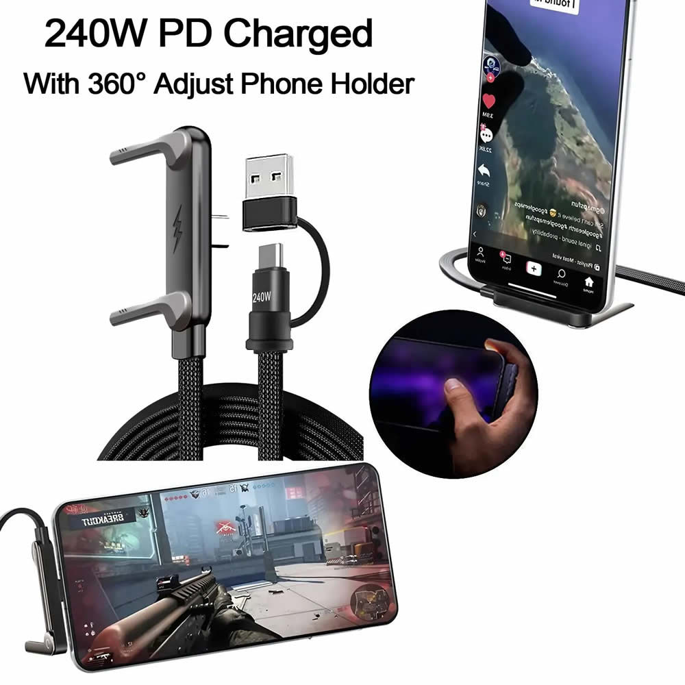 240W Fast Charging USB-C Cable with Built-in Phone Stand β 2-in-1 Invisible Ho